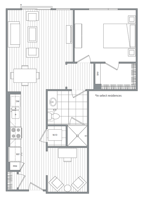 Floor plan for 1 bed, 1 bath, 827 sqft